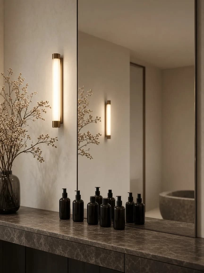 Brand imagery of a stone vanity and tall mirror.