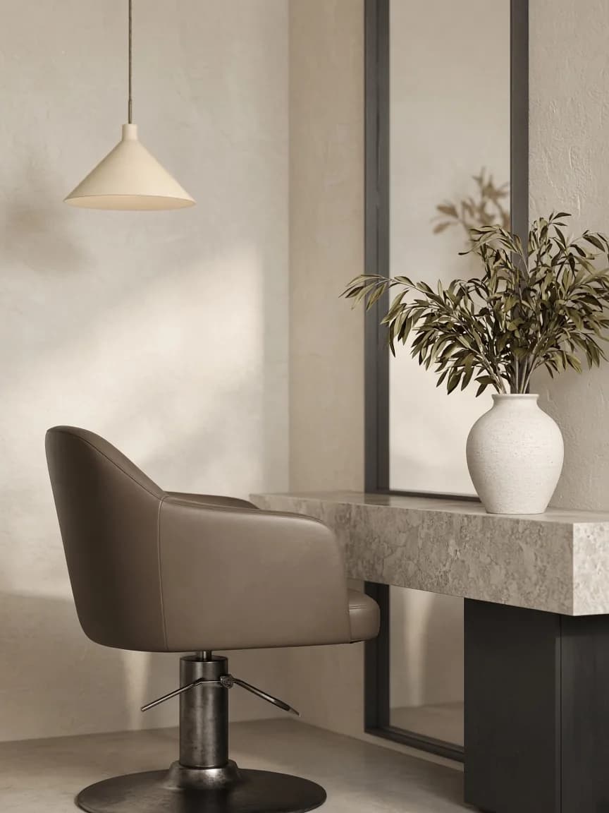 Brand imagery of a taupe salon chair beside a stone vanity in afternoon light.