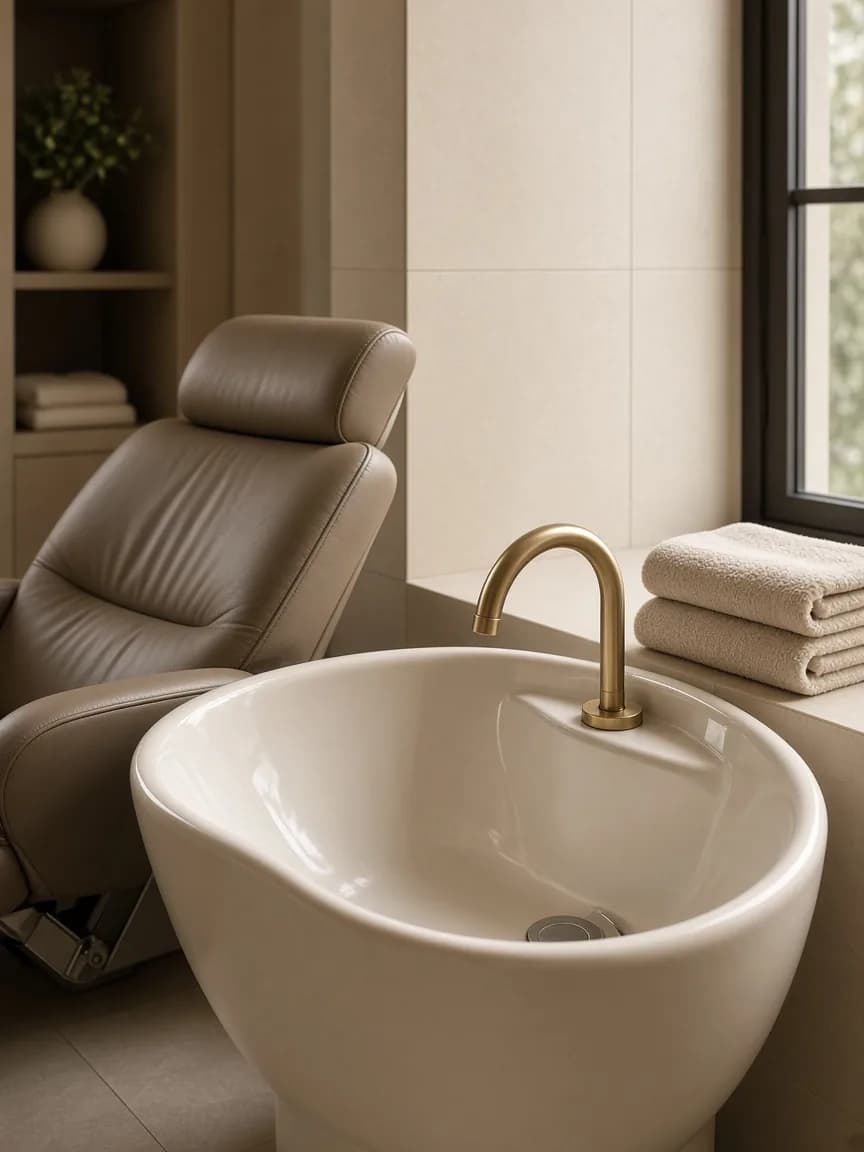 Brand imagery of a cream wash basin and a reclining taupe chair.