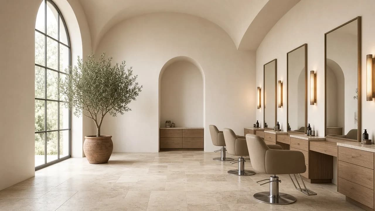 Brand imagery of an arched plaster salon interior with daylight, an olive tree and taupe chairs.